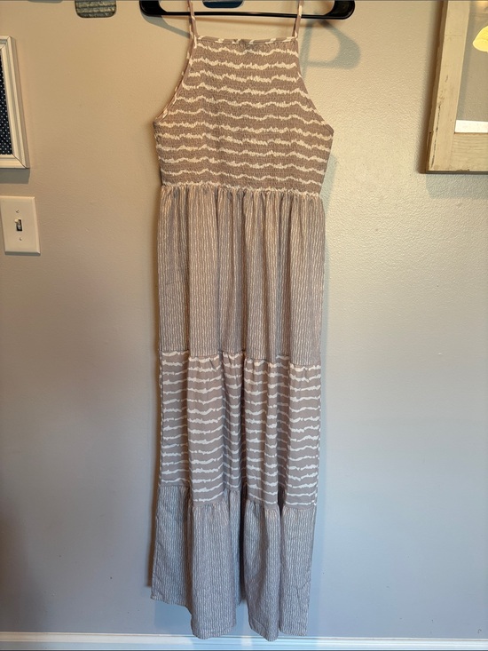 Dresses & Skirts - Boho Striped Tiered Maxi Dress in Taupe and White